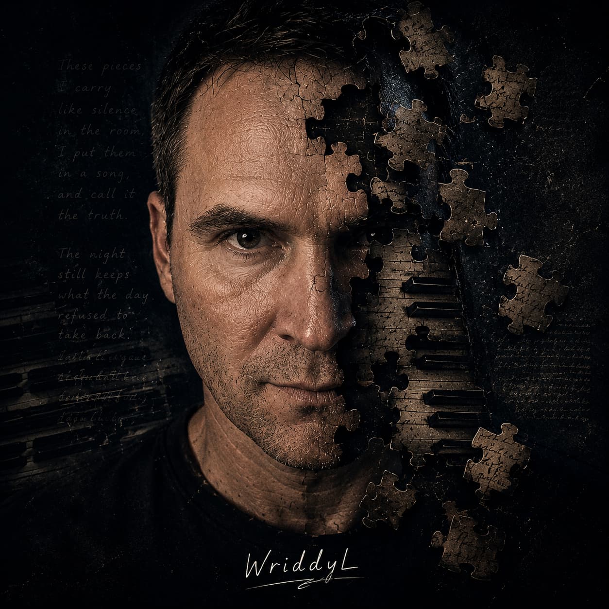 Wriddyl portrait with piano keys and puzzle pieces